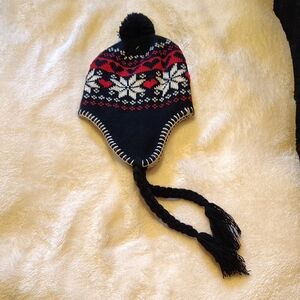 Kids Winter Knit Hat with Pom Pom - Red and Black